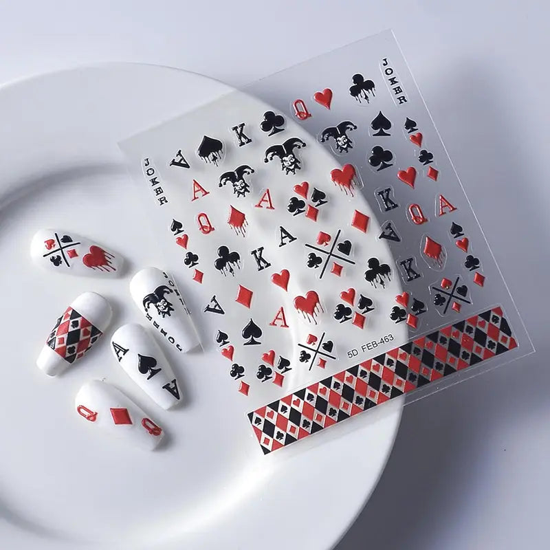 Poker Nail Art Stickers 5D Embossed Playing Card Nail Decals DIY Manicure