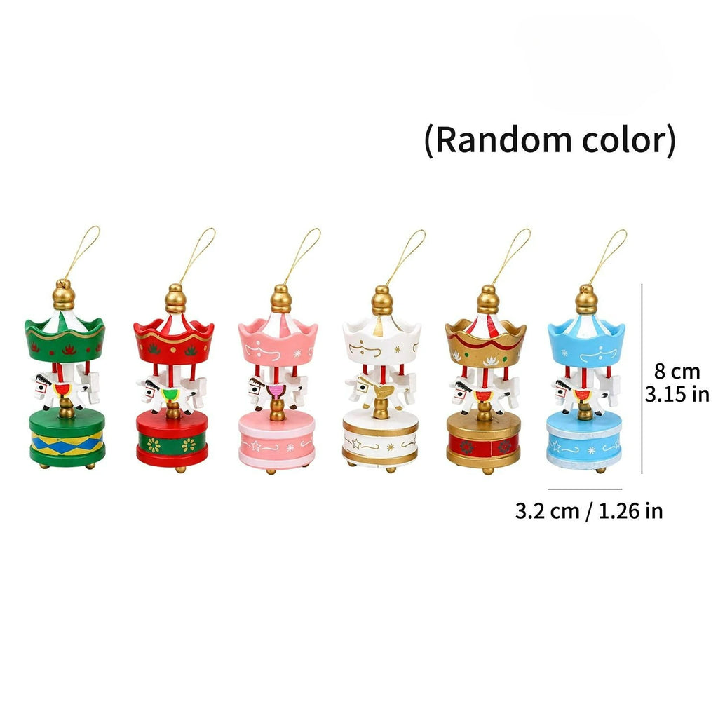 Christmas Wooden Carousel Ornament - Hanging Pendant Holiday Decor & Gift Set