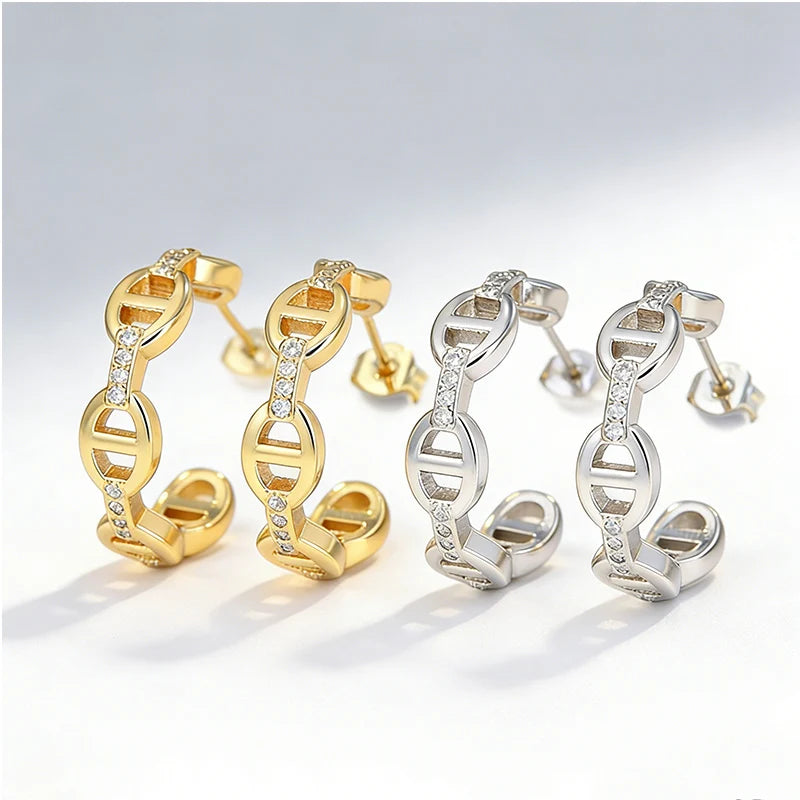 Minimalist Gold-Plated Pig Nose Chain Hoop Earrings with Cubic Zirconia
