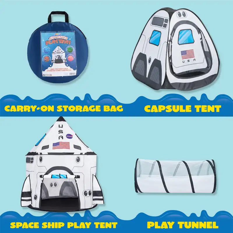Kids Rocket Ship Play Tent Set with Tunnel - Indoor Outdoor Pretend Play