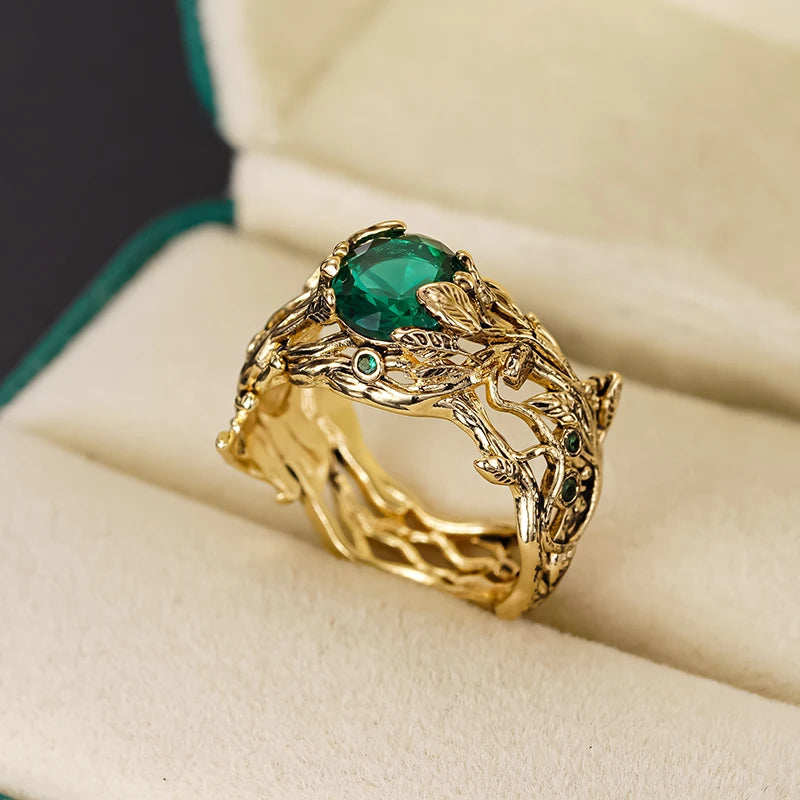 Elegant Leaf Design Gold Color Rings with Green Cubic Zirconia for Women