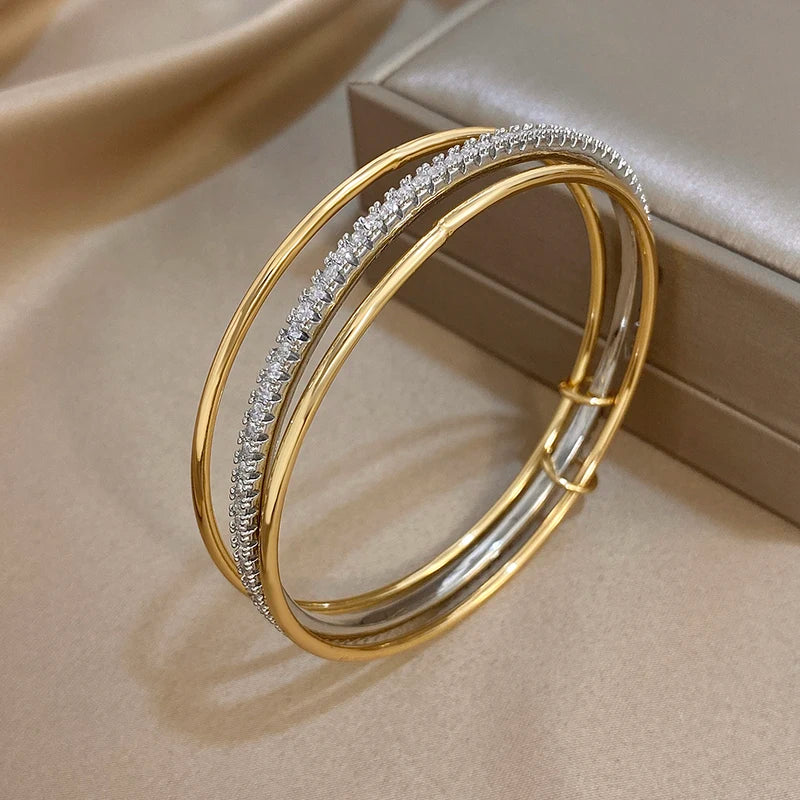 3-Pack Two Tone Rhinestone Silver Gold Bangle Bracelets for Women