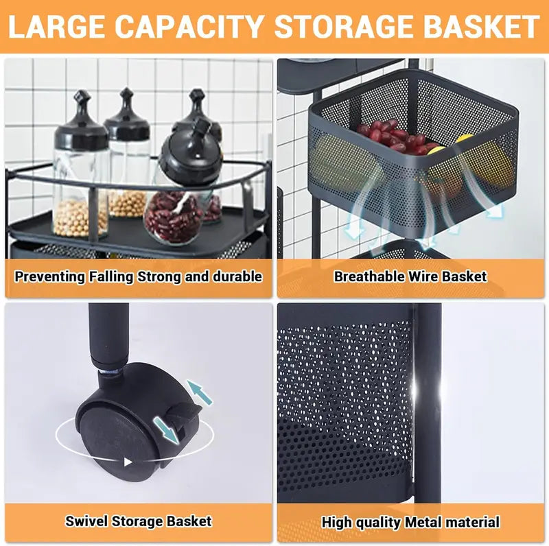 5-Tier Metal Rolling Storage Cart with Mesh Baskets - Mobile Kitchen & Household Organizer