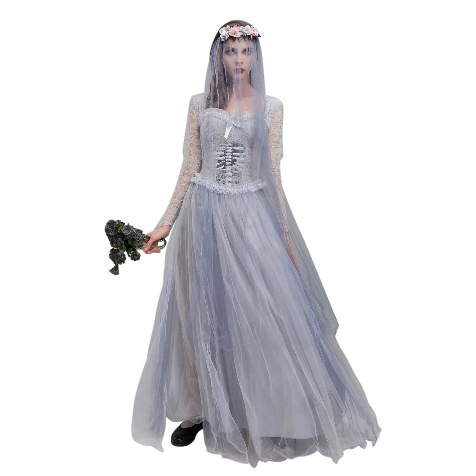Women Halloween Dead Bride Costume Corset Dress & Veil Set for Cosplay