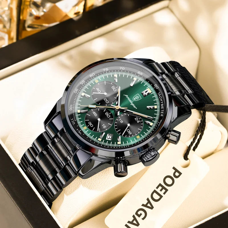 Men's Waterproof Luminous Chronograph Quartz Watch with Stainless Steel Band