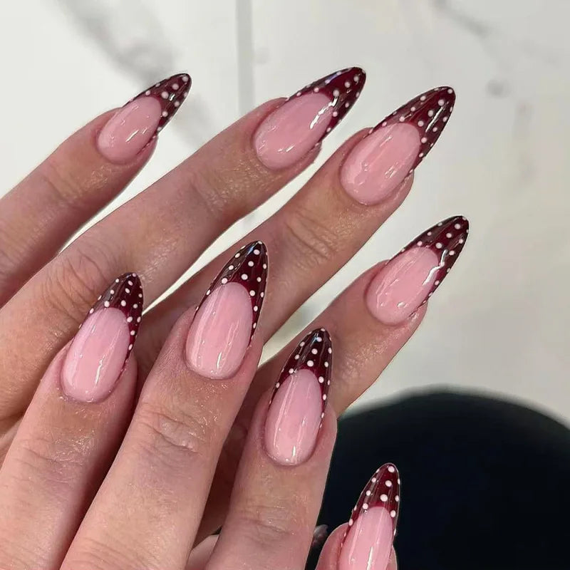 24PCS Pink Press On Nails with Polka Dot Pattern Almond Full Cover Fake Nail Set