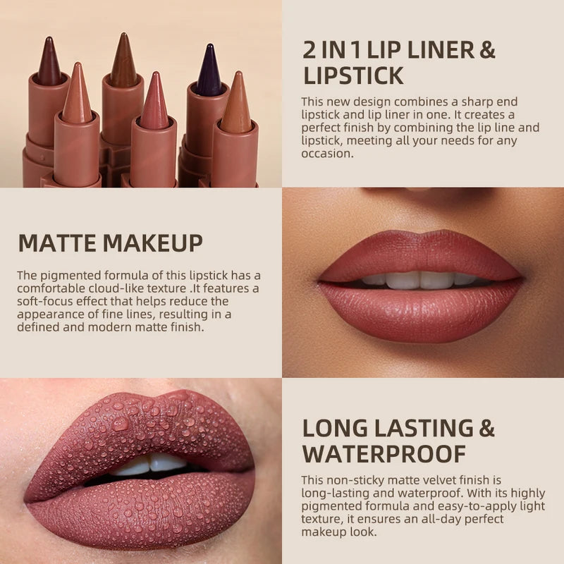 Gradient Lip Crayon Matte Waterproof Lip Liner & Lipstick Set - Long Lasting