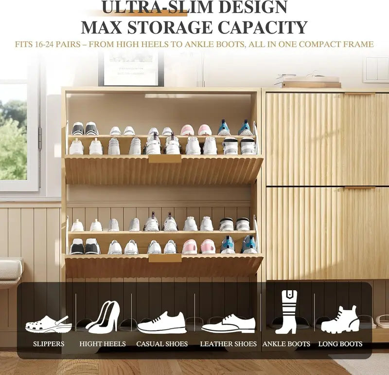 Slim Modern Shoe Storage Cabinet with 2 Drawers & Adjustable Shelf