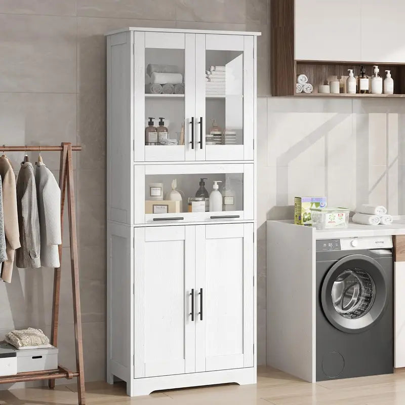 Tall Bathroom Storage Cabinet with Glass Doors and Adjustable Shelves - Freestanding Linen Closet, Kitchen Pantry or Living Room Cupboard