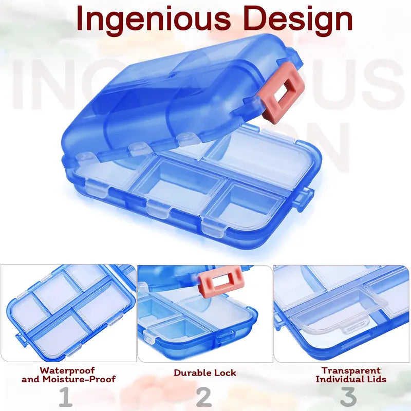 Travel Pill Organizer Case with 10 Compartments - Portable Waterproof Medicine Storage Box