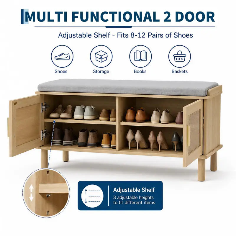 Rattan Shoe Storage Bench with Cushion - Adjustable Shelves & Hidden Organizer