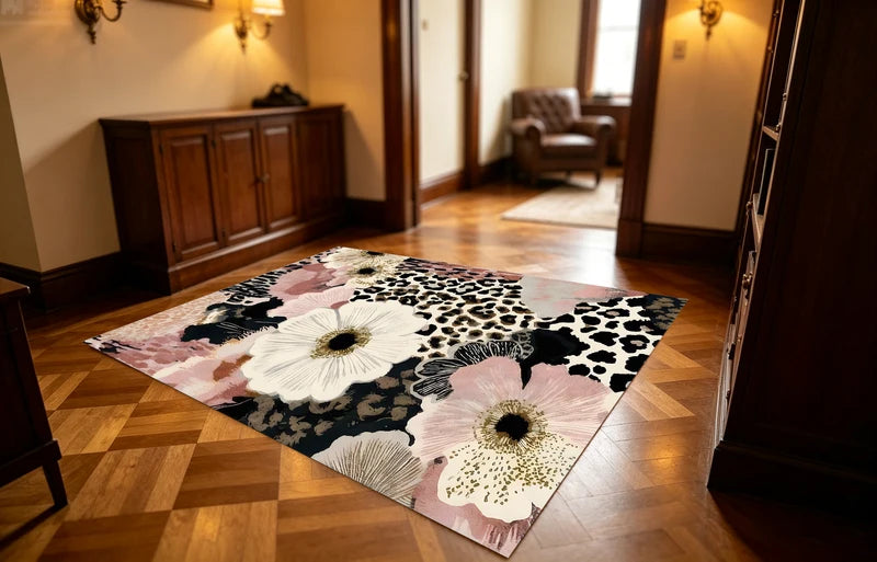 Abstract Floral Area Rug - Black & White Ink Style Pattern, Multiple Sizes