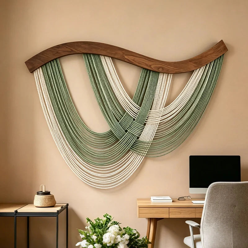 Boho Macrame Wall Hanging Tapestry with Wooden Rod - Nordic Style Home Decor