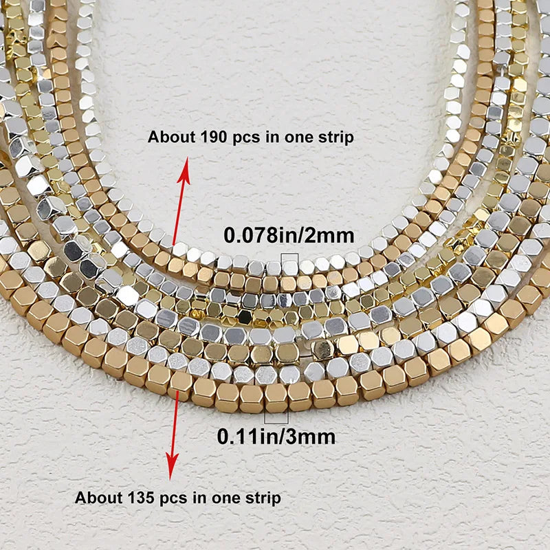 Square Stone Beads for Jewelry Making - Matte Plated Gold Silver Rose Color, 2mm & 3mm, Loose Beads for Bracelets & Crafts