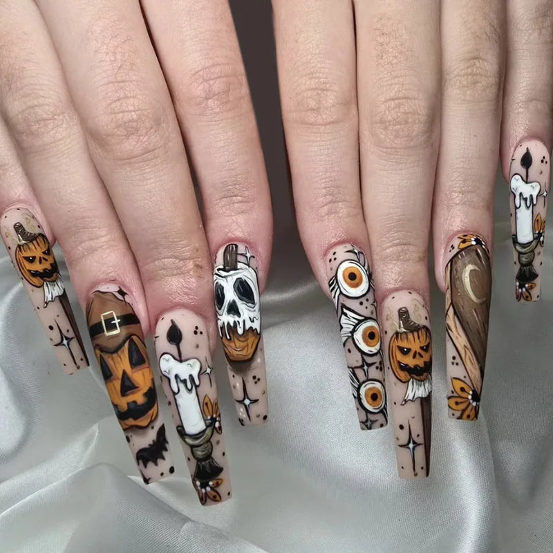 Halloween Long Press-On Nail Tips - Zombie Bride Ghost Pumpkin Print Reusable Fake Nails
