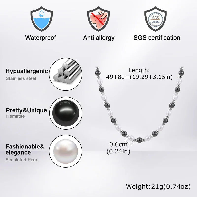 Men's Pearl Necklace Beaded Jewelry Natural Hematite Stainless Steel Gift