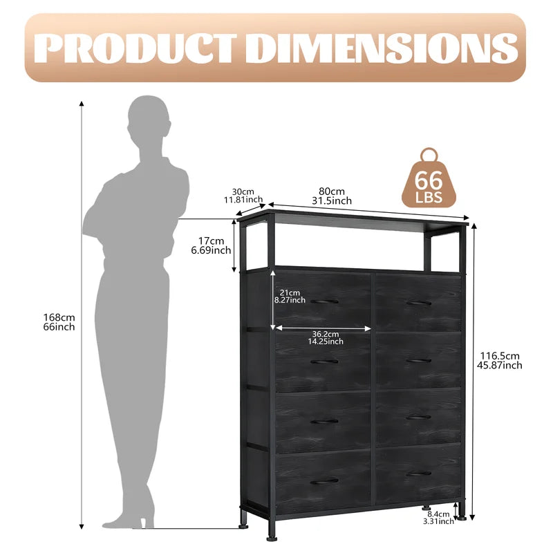 Wooden Top TV Stand with 8 Fabric Drawers and Charging Station — Living Room Storage Furniture