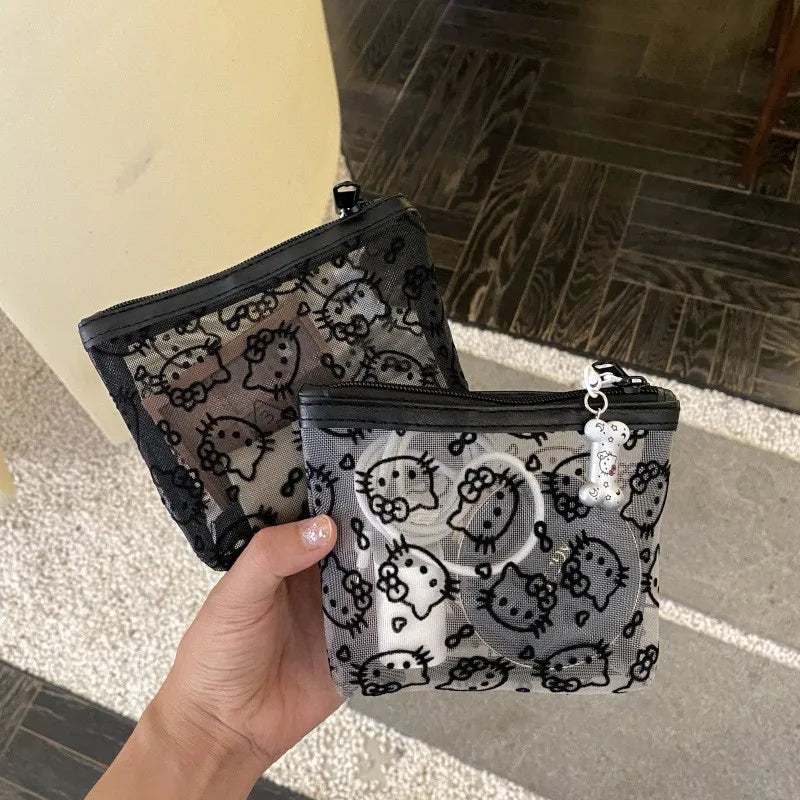 Cute Mesh Makeup Bag with Cartoon Hello Kitty Zipper Cosmetic Pouch Portable Travel Storage