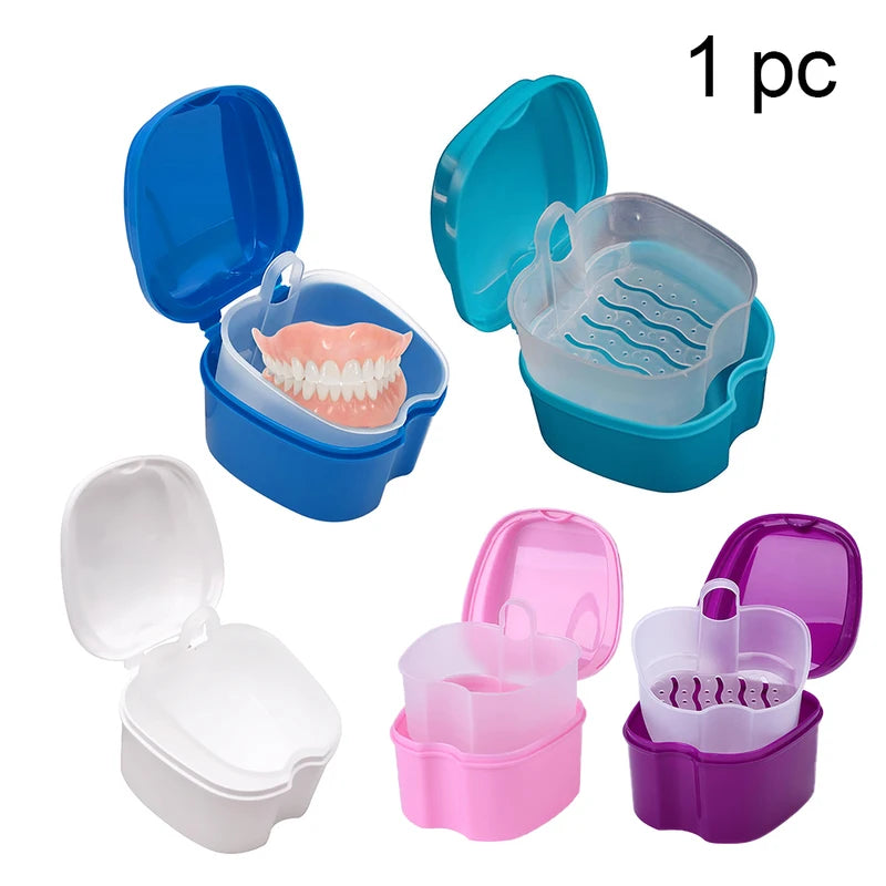 Denture Storage Box Organizer with Hanging Net - Teeth Case for False Teeth