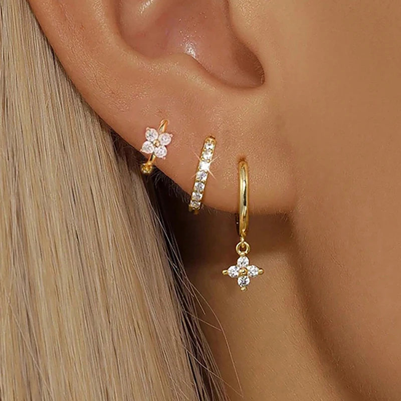 3PCS Stainless Steel Zircon Flower Earring Set for Women Hypoallergenic Jewelry