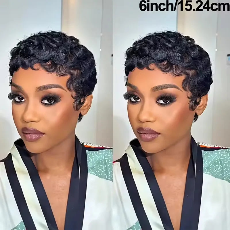 Women's Short Curly Pixie Wig with Bangs - Natural Black, 250% Density
