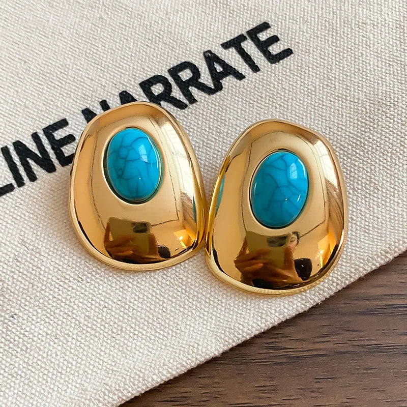 Oversized Turquoise Ear Studs - Gold Color Oval Earrings for Women