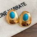 Oversized Turquoise Ear Studs - Gold Color Oval Earrings for Women