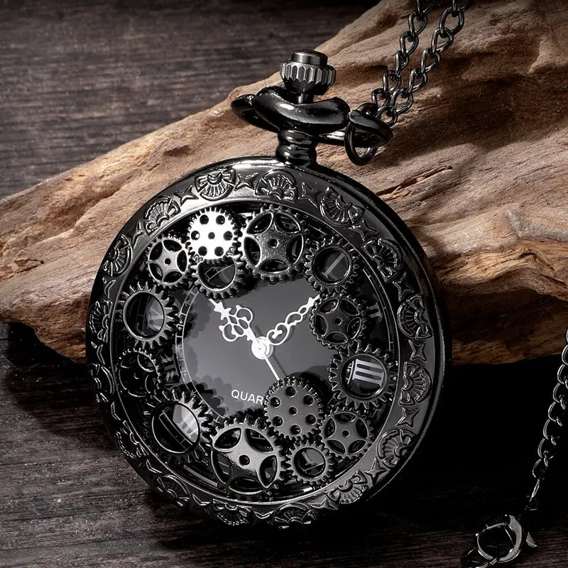Vintage Steampunk Copper Hollow Gear Pocket Watch Necklace Pendant Chain Men Women Gift