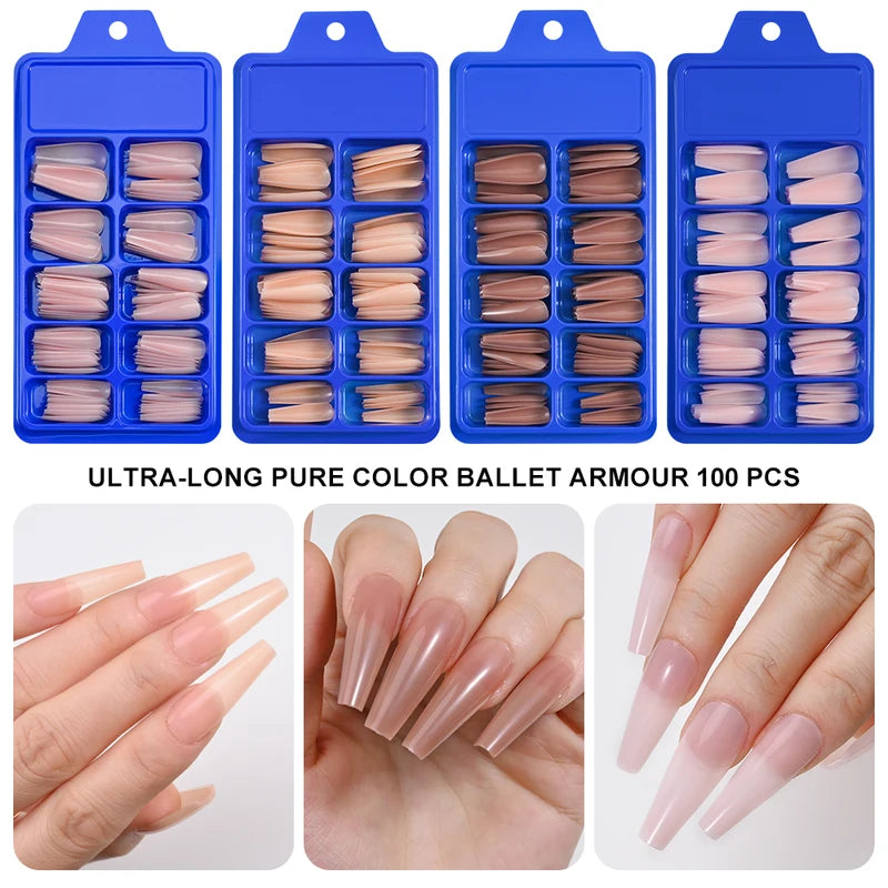 100pcs Coffin Fake Nails Full Cover Press On Nails Extension Tips Nude Long Ballerina