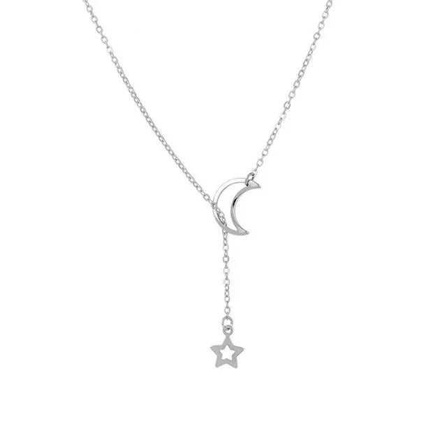 Simple Moon & Star Pendant Choker Necklace for Women Gold or Red-Brown Alloy Jewelry