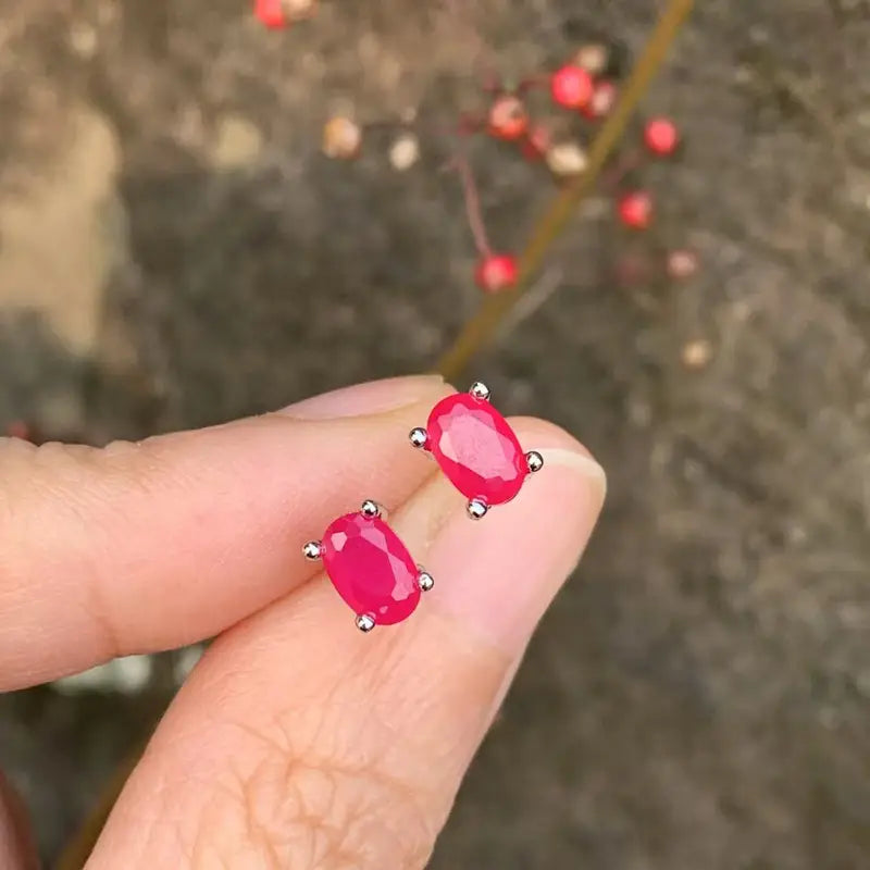 Natural Ruby Stud Earrings 5x3mm 925 Silver Jewelry for Women Gift