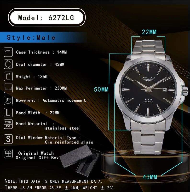 Men's Mechanical Automatic Watch Waterproof Stainless Steel Luminous Minimalist Gift