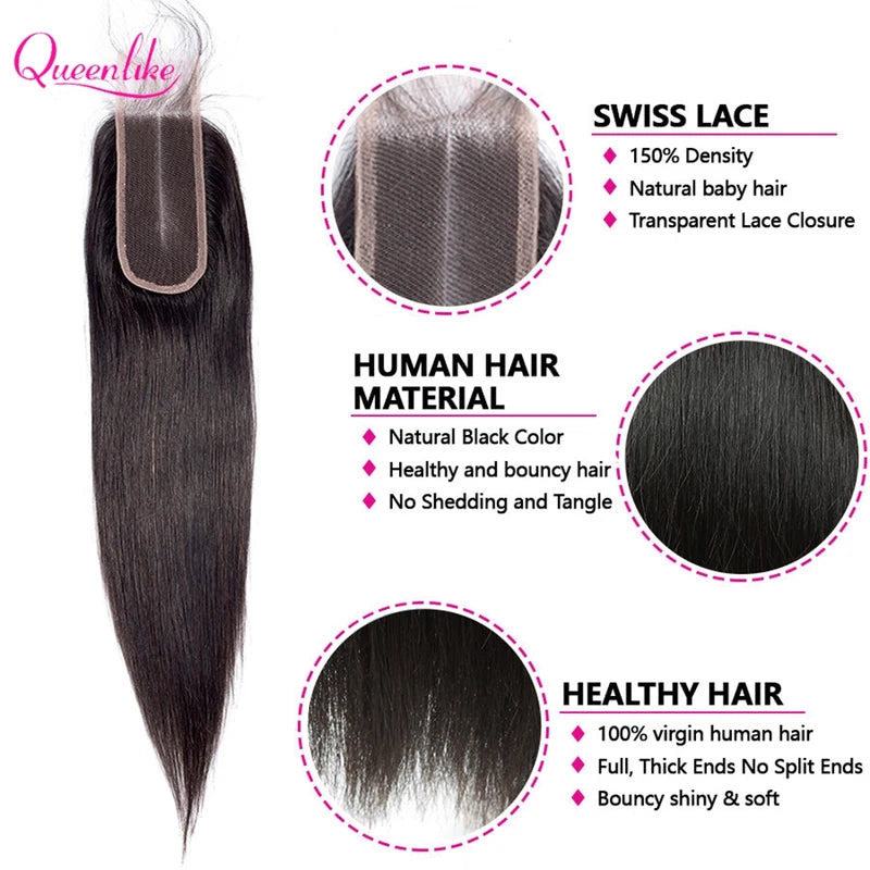Human Hair Bundles with Closure 20 Inch Straight 100% Raw Hair Extensions