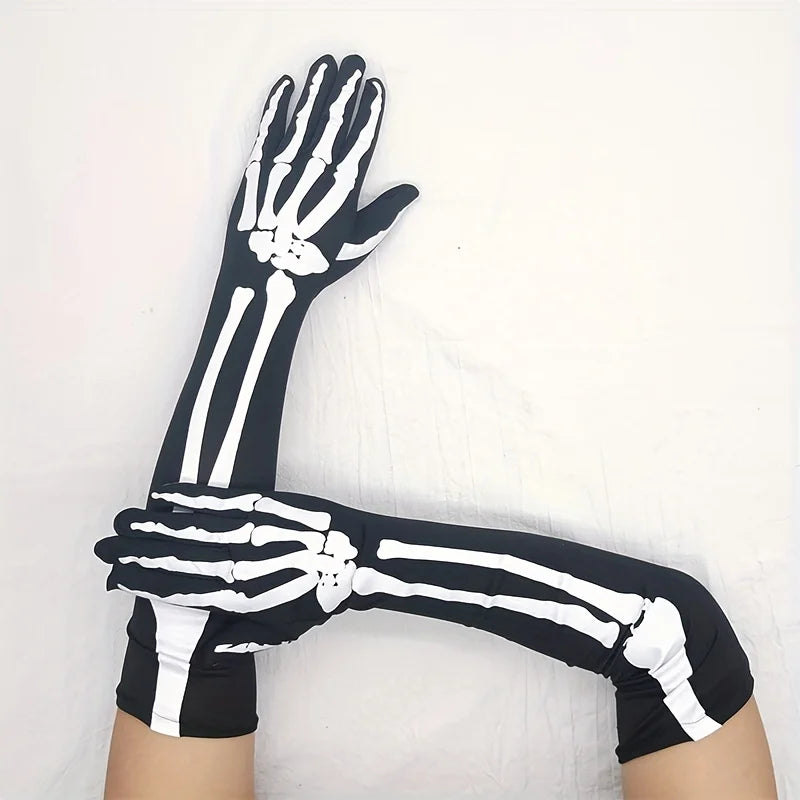 Halloween Skull Gloves Long Elastic Full Finger Costume Gloves