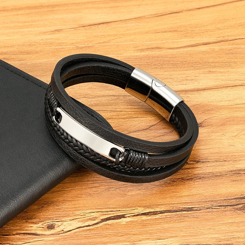 Multi-Layer Leather Wrap Bracelet for Men Stainless Steel Casual Jewelry