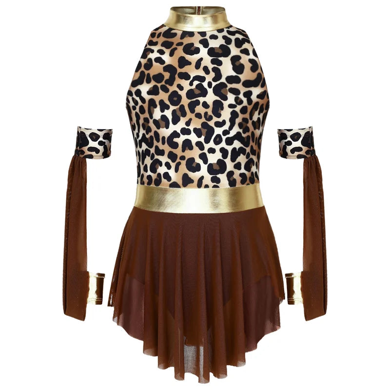 Kids Girl Halloween Leopard Costume Dress with Oversleeves - Prehistoric Theme