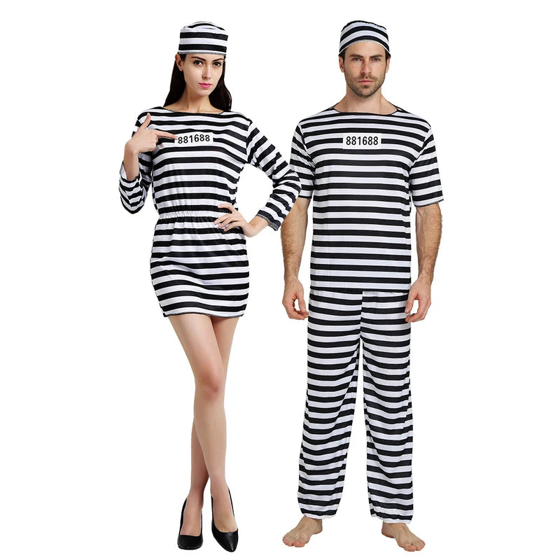 Prisoner Cosplay Costume Set for Men & Women - Striped Top Pants Hat