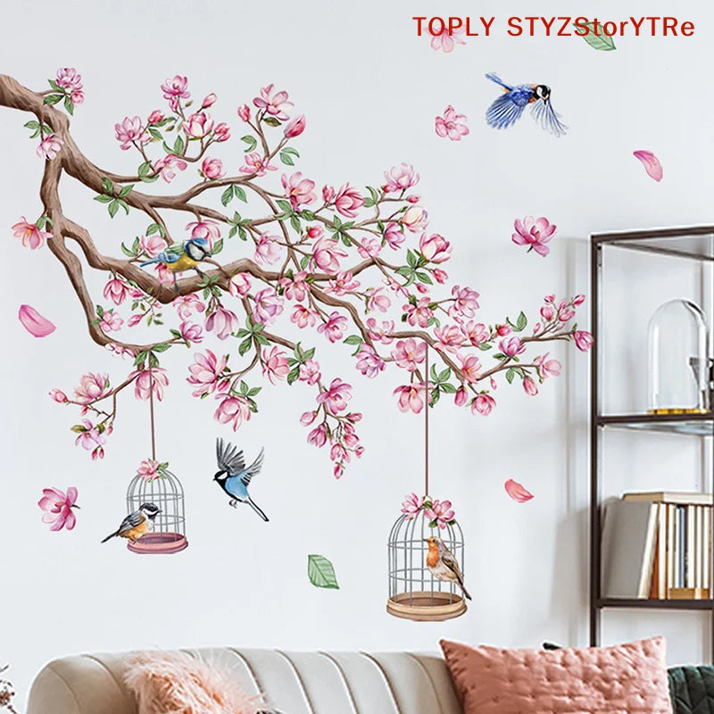 Pink Peach Blossom Bird Wall Decal - Self-Adhesive Art Sticker for Bedroom Living Room