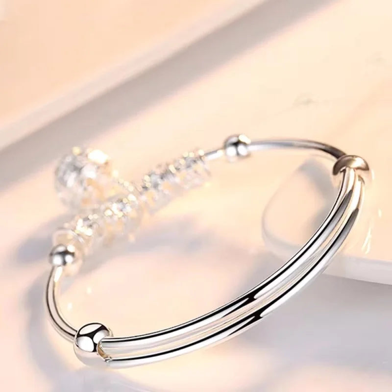 Sterling Silver Hollow Bells Ball Bangles for Women Adjustable Jewelry