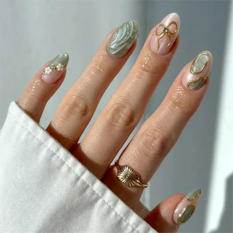 Press On Nail Set with 3D Gold Bow & Mini Flowers - Medium Almond, Full Cover