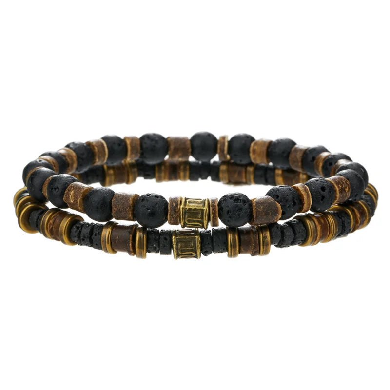 Wood Braided Leather Bracelets for Men 2-Pack Vintage Stone Jewelry Set