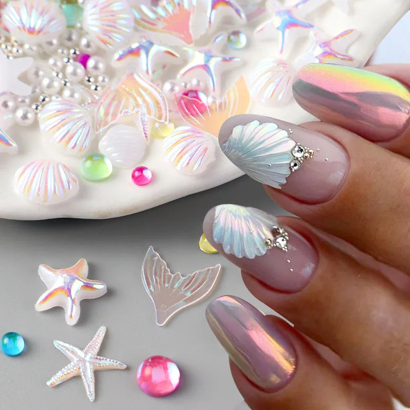 Summer Ocean Nail Charms Set with Shell Starfish Fish Pearl Beads Mermaid Decor for Manicure