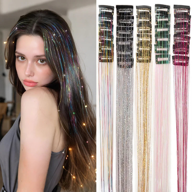 12Pcs Glitter Tinsel Hair Clips Kit - Synthetic Fairy Hair Accessories for Styling
