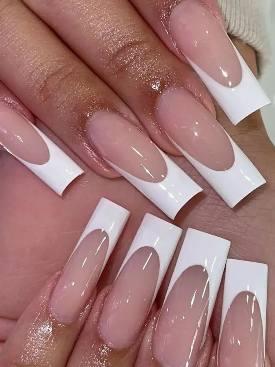 24PCS Rectangular White Fake Nail Tips - French Style Acrylic Manicure Set