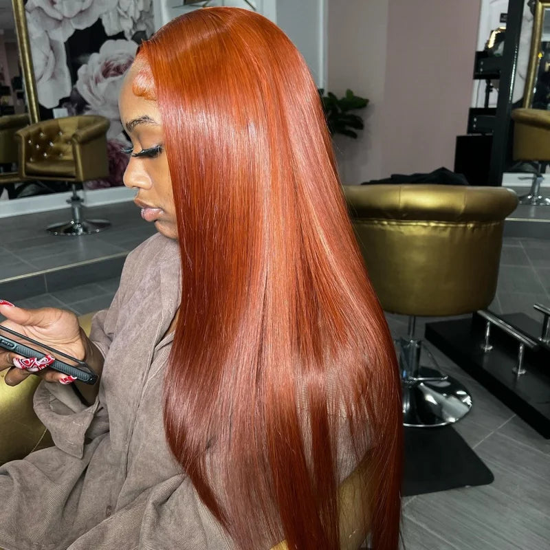 Long 34 Inch Ginger Orange HD Transparent Lace Frontal Wig Brazilian Bone Straight Pre Plucked With Baby Hair