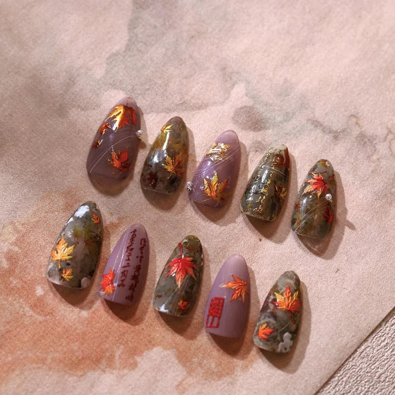 Autumn Maple Leaf Nail Art Stickers - 5D Relief Shiny Golden Jelly Decals for Manicure