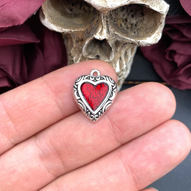 10pcs Enamel Heart Charm Pendants for Jewelry Making - Red & Black Vintage Style