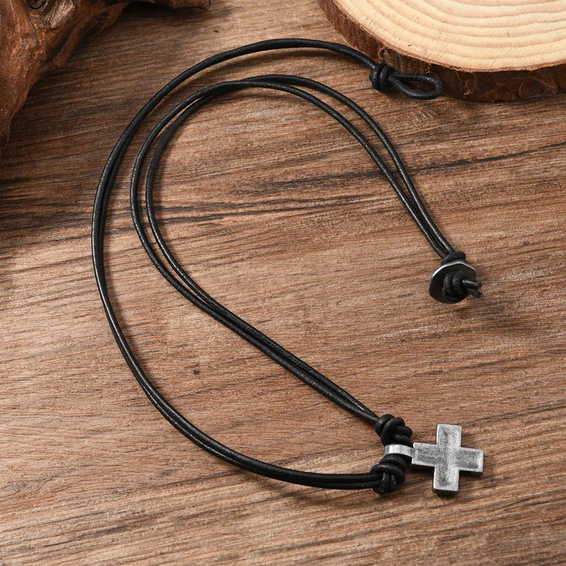 Women and Men Retro Woven Cross Pendant Necklace Rope Leather Chain