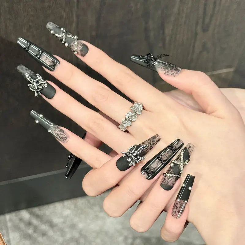 10PCS Handmade Stiletto False Nails Set Cross Y2K Dark Wind Party & Daily Wear