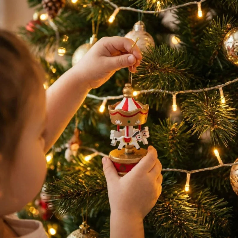 Christmas Wooden Carousel Ornament - Hanging Pendant Holiday Decor & Gift Set